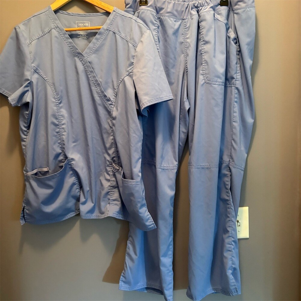 Cherokee Scrub Set Womens XL Ciel Blue Stretch V-Neck Top & Pants Pockets